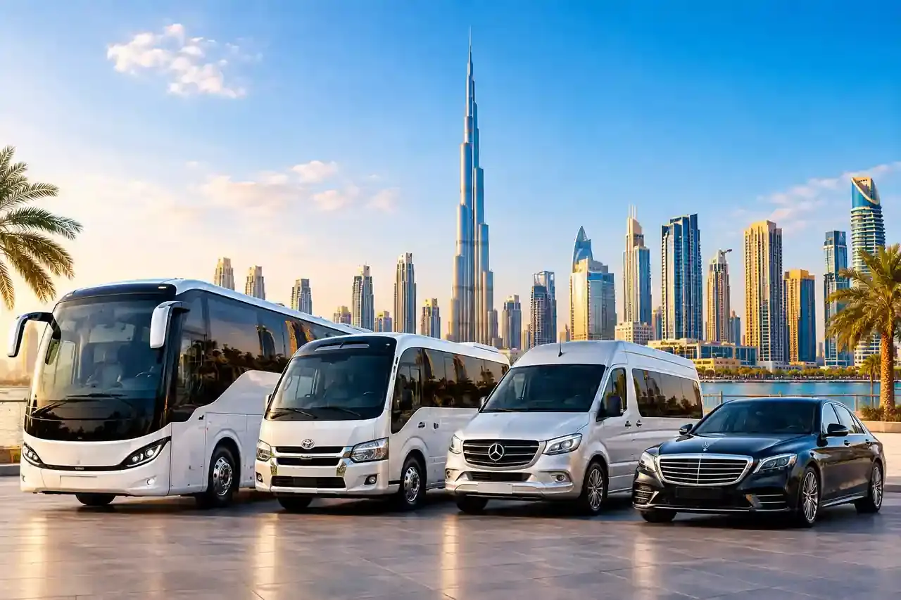 Rideway Passenger Transport bus rental fleet parked in Dubai city